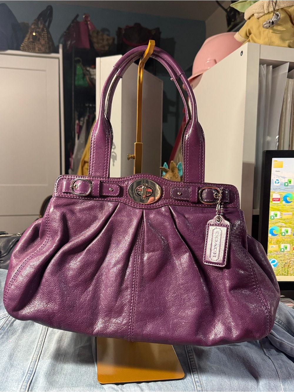 Coach Plum Leather Shoulder Bag with Turn-Lock F13914 purple pleated purple